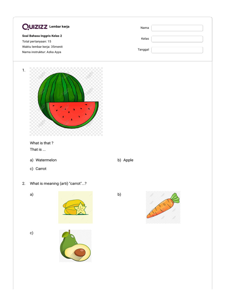 7 Contoh Soal Bahasa Inggris Kelas 2 Tentang Buah Buaha dan Binatang Paling Seru