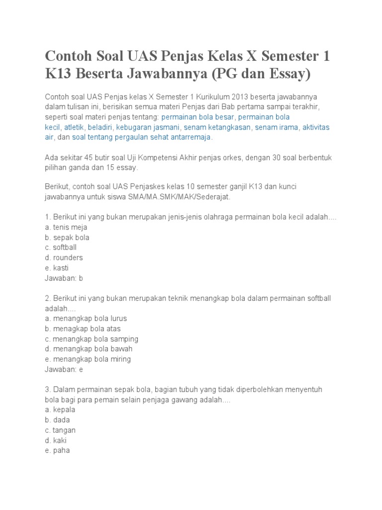 7 Rahasia Soal Penjas Kelas 10 Semester 1 Beserta Jawabannya Wajib Kuasai Sebelum Ujian