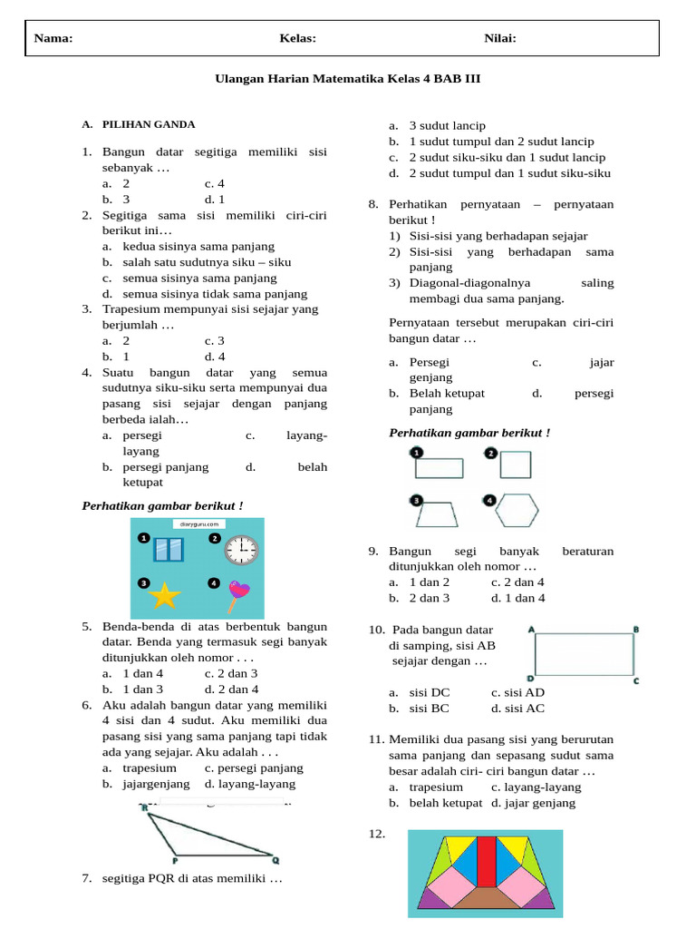 Ulangan Matematika Kelas 4 Bangun Datar PDF Ulangan Matematika Kelas 4 Bangun Datar PDF