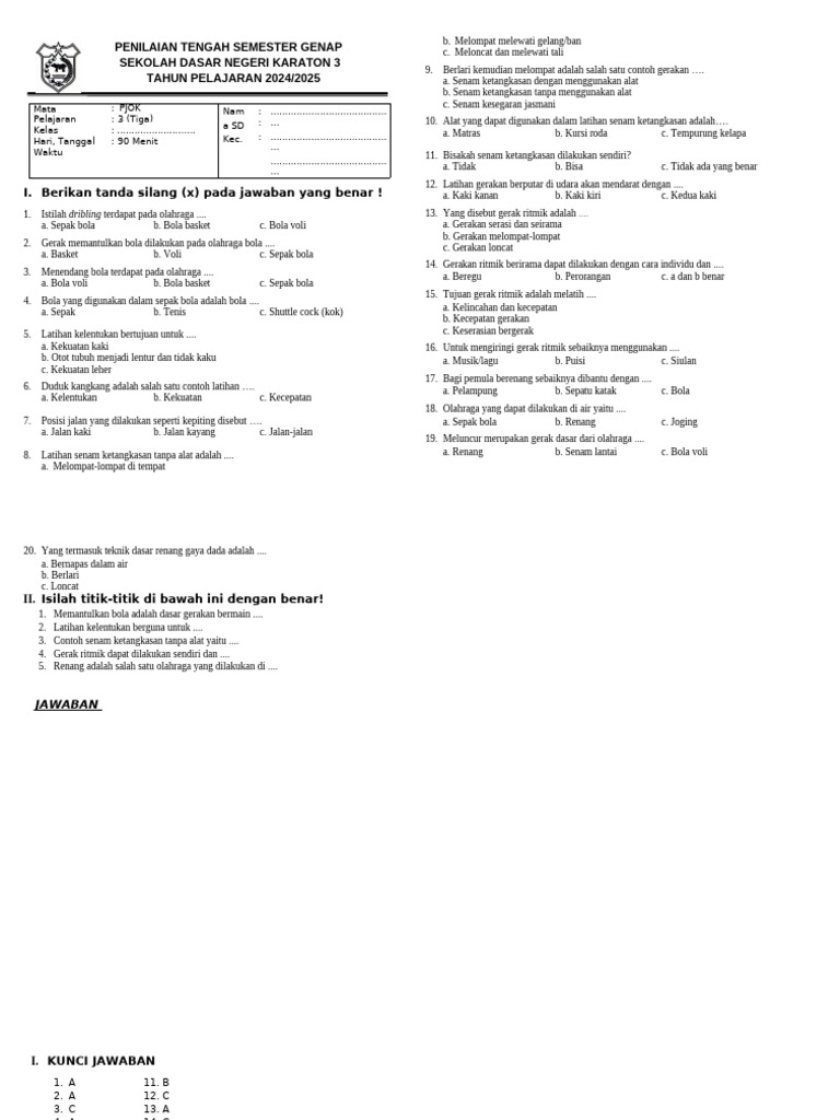 Soal PJOK Kelas 3 Semester 2 PDF Soal PJOK Kelas 3 Semester 2 PDF