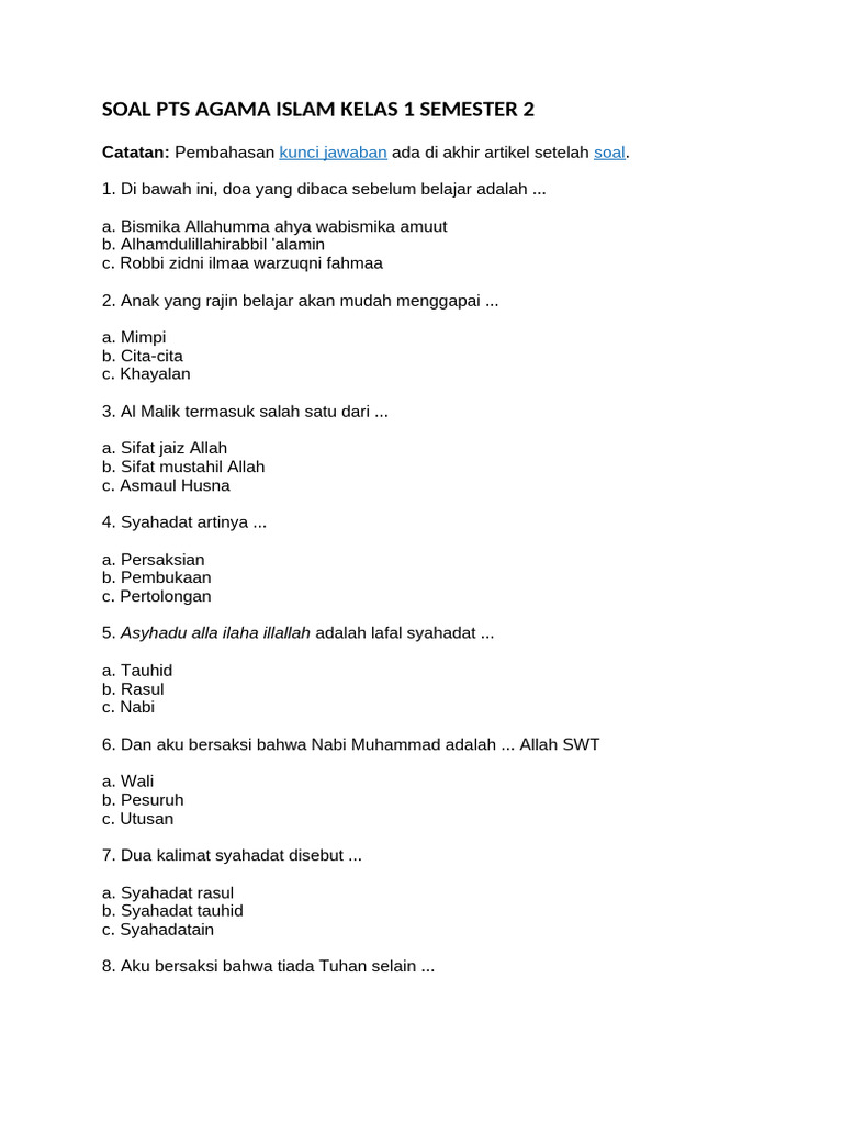 Ternyata Ini Bocoran Soal Agama Islam Kelas 1 dan Kunci Jawaban Terbaru Tahun Ini Ternyata Ini Bocoran Soal Agama Islam Kelas 1 dan Kunci Jawaban Terbaru Tahun Ini