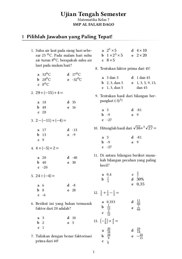 Wajib Tahu! Kumpulan Soal Ujian Matematika Semester 1 Kelas 7 Agar Nilai Langsung Meroket