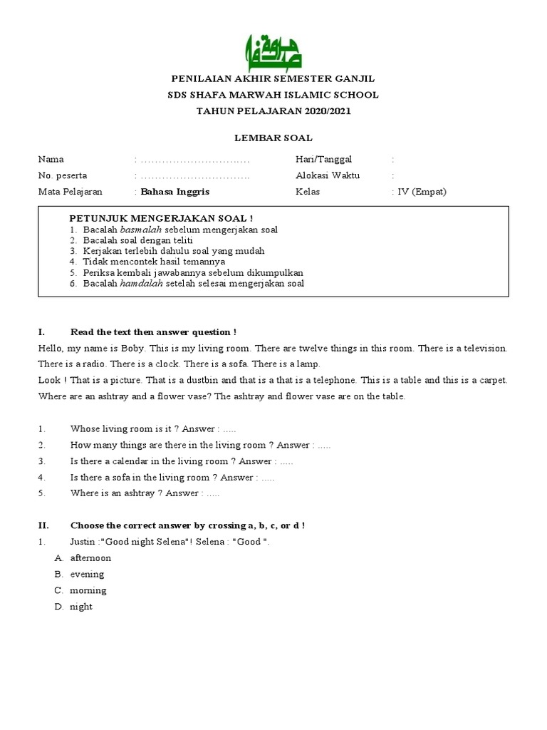 Wajib Tahu Kumpulan Soal Ujian Semester 1 Bahasa Inggris Kelas 4 Agar Nilai Sempurna Wajib Tahu Kumpulan Soal Ujian Semester 1 Bahasa Inggris Kelas 4 Agar Nilai Sempurna