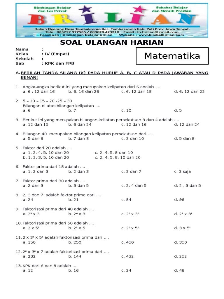 contoh soal dan jawaban kpk dan fpb kelas 4 contoh soal dan jawaban kpk dan fpb kelas 4